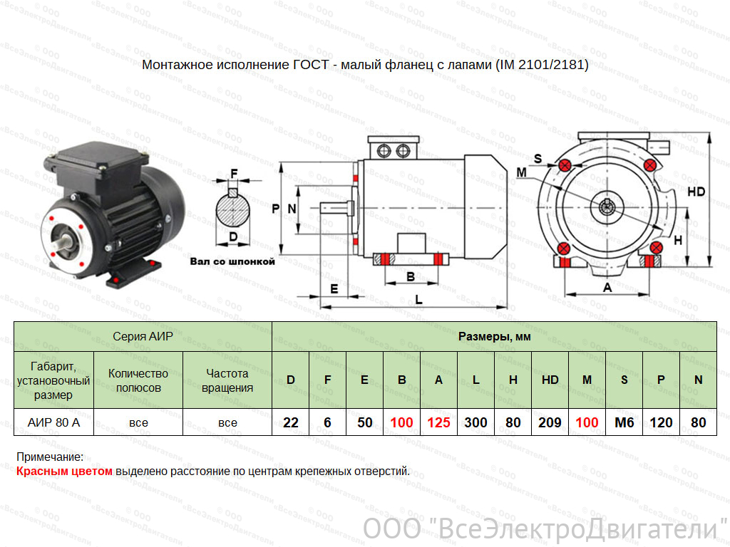 Электродвигатель ЭЛМАШ АИР 80 А2 IM2181 AL, M (d20) 100 мм (1,5 кВт 3000 об/мин)1859098